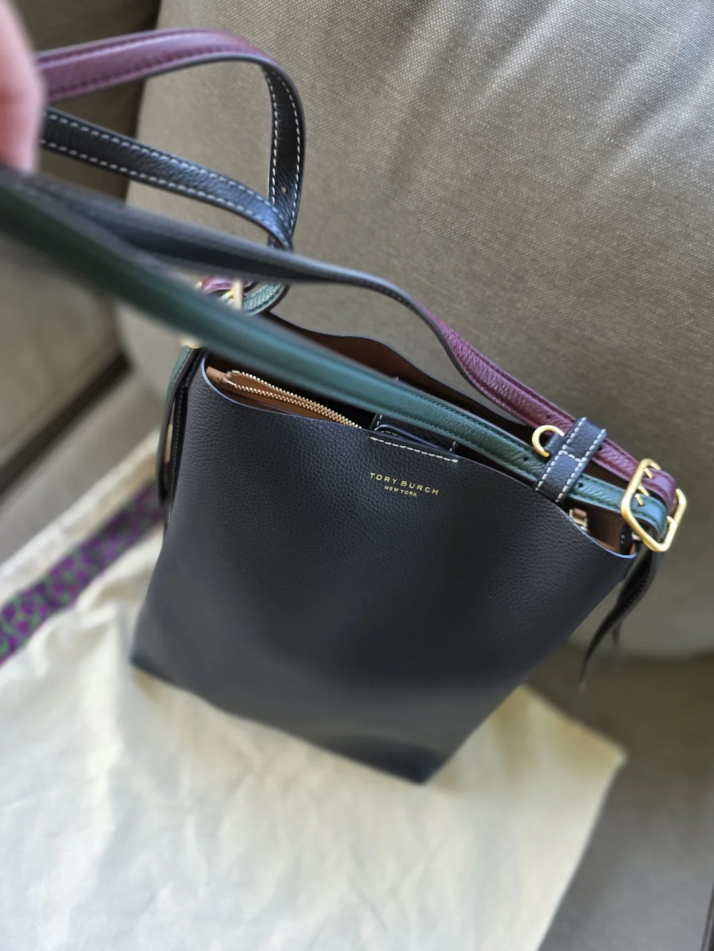 Tory Burch Black Leather Crossbody Bucket Bag with Multicolor Strap